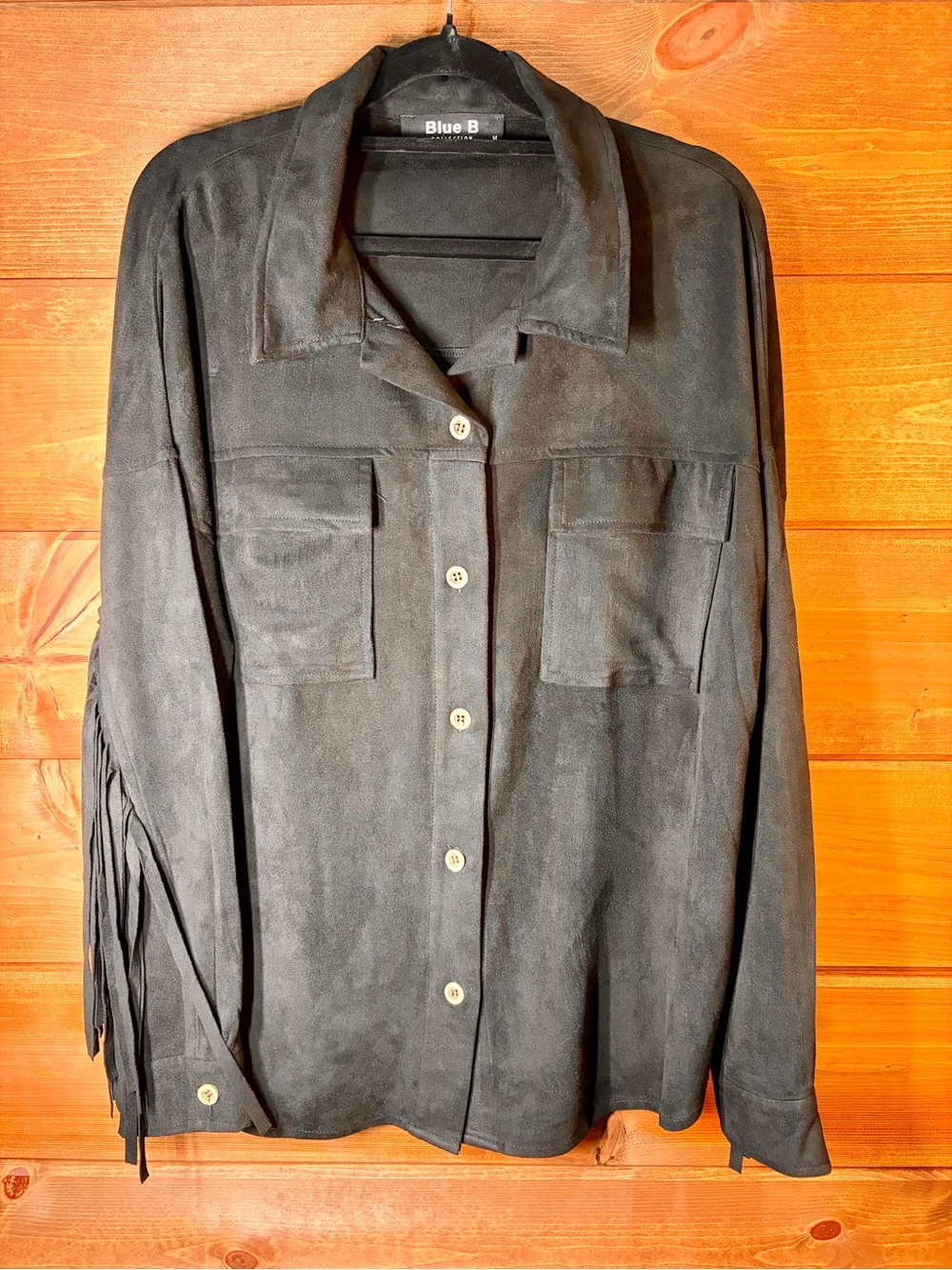 Blue B Women’s Black Faux Suede Button-Down Shirt with Fringe Size Medium 💕🖤